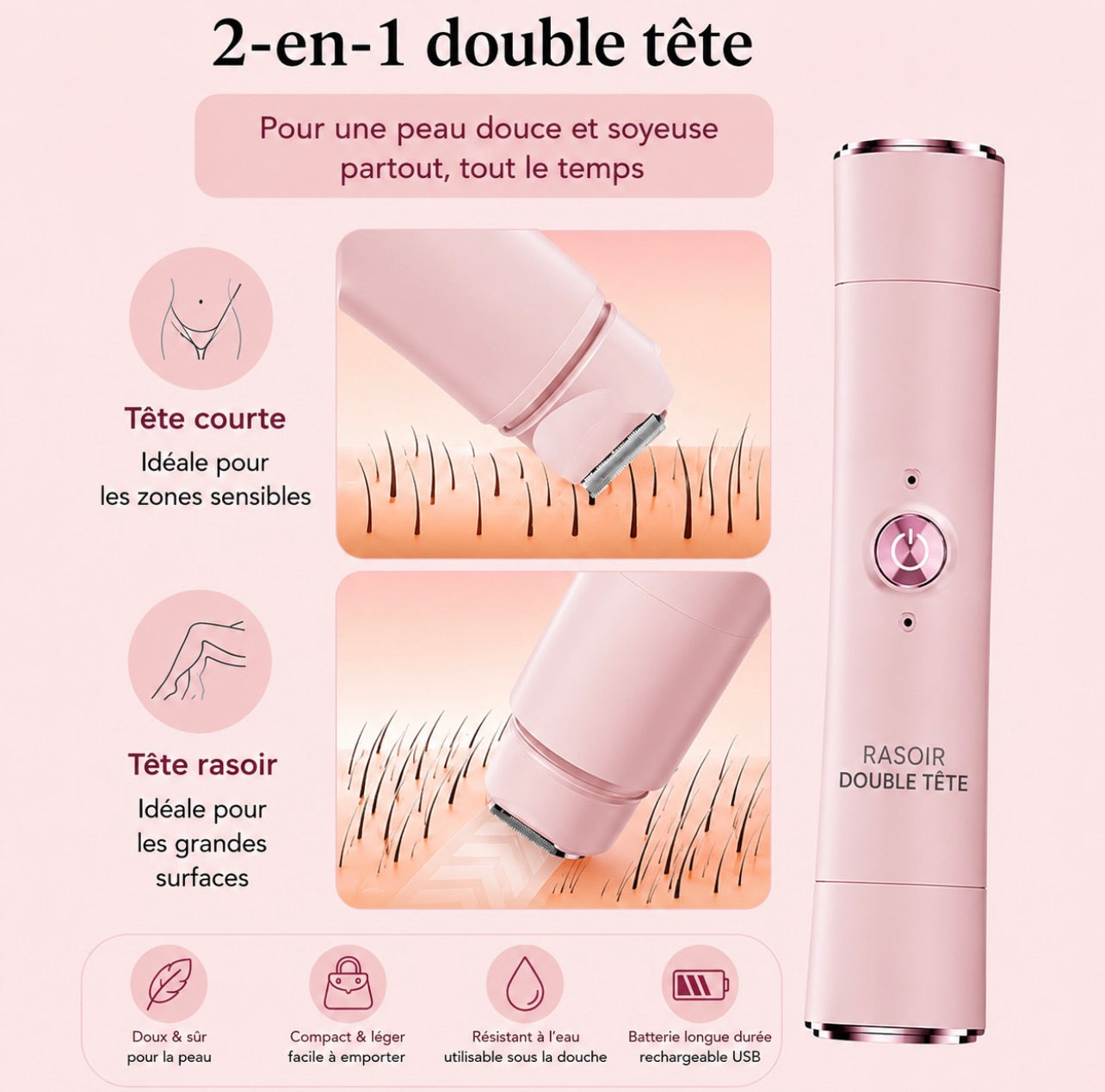 VENCIA™ shaver - 2 en 1 rasoir électrique femme sans fil, double tête, haute précision